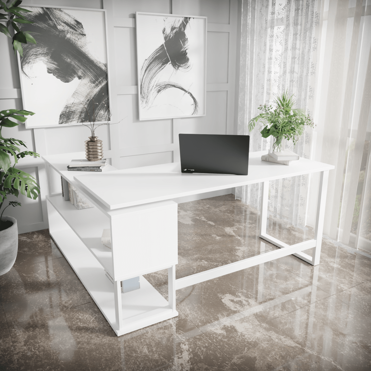 L Shaped Executive Desk with Storage Design in White Color by Riyan Luxiwood