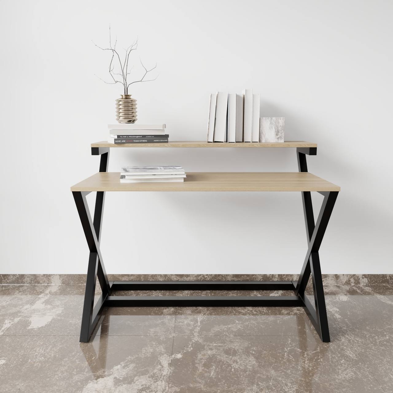 Austin Study Table in White Color with Upper Shelve by Riyan Luxiwood