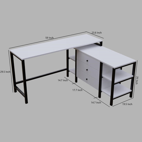 L shaped study table with storage design with drawers & open storage shelves