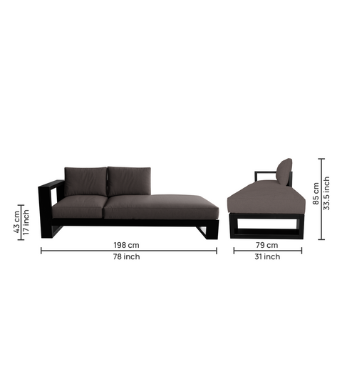 Louis 2 Seater Sofa with chaise Longue in Geneva Color with Metal & Fabric touch  by Riyan Luxiwood