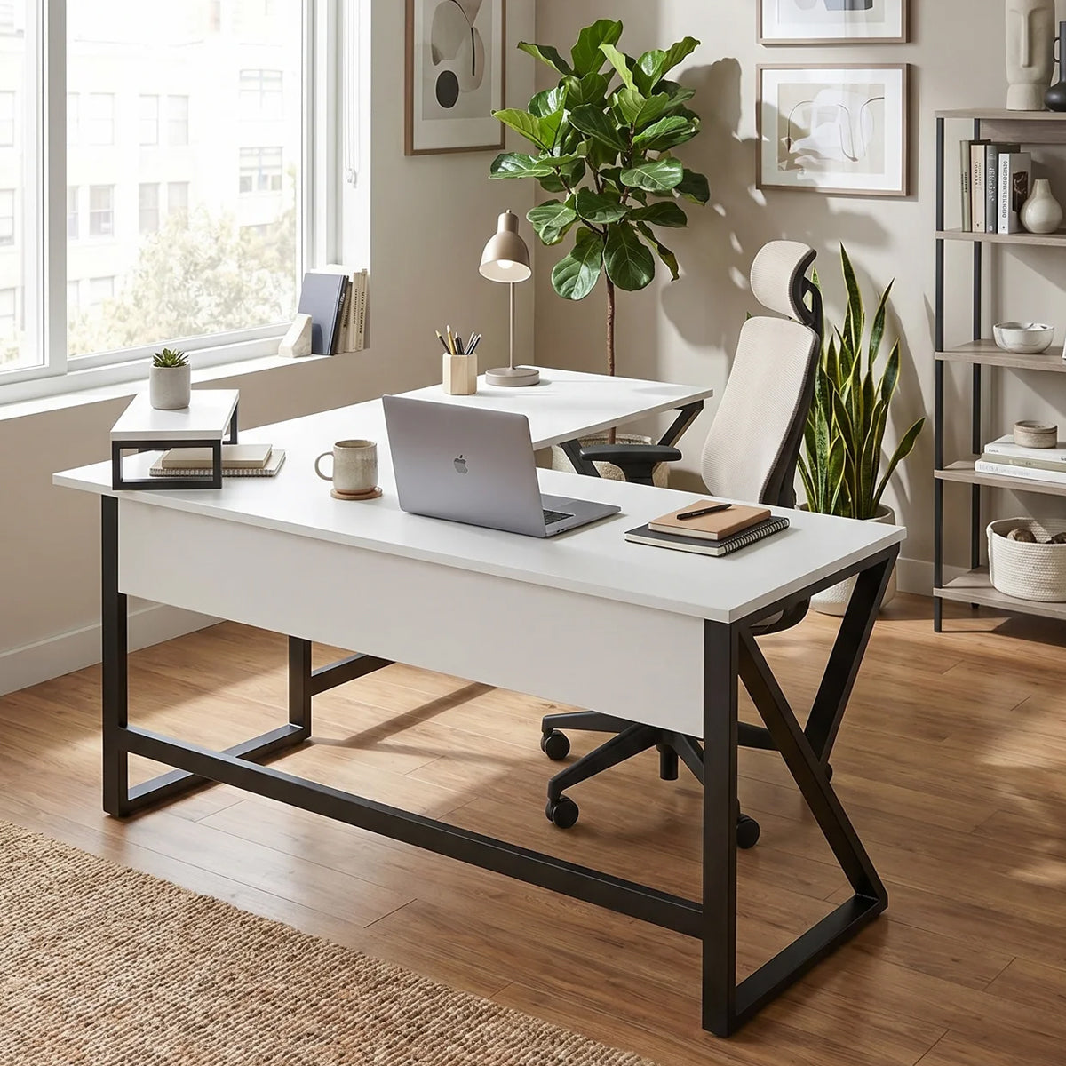 Fabio L Shape Computer Table with Monitor Riser By Riyan Luxiwood