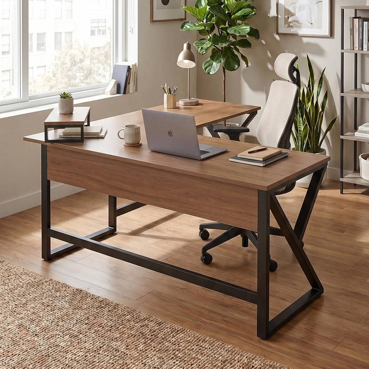 Fabio L Shape Computer Table with Monitor Riser By Riyan Luxiwood
