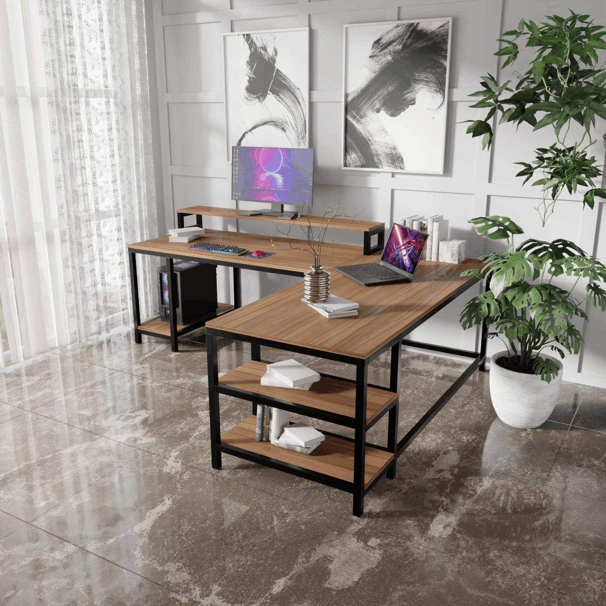 Archice L Shape Desk With Monitor Riser By Riyan Luxiwood.