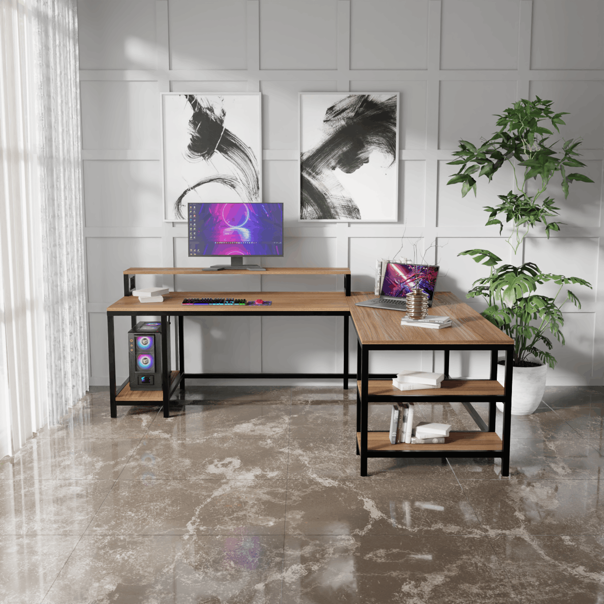 Archice L Shape Desk With Monitor Riser By Riyan Luxiwood.