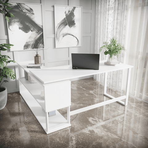 L Shaped Executive Desk with Storage Design in White Color by Riyan Luxiwood
