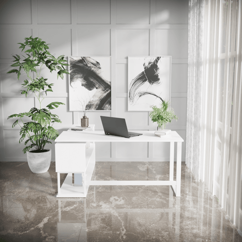 L Shaped Executive Desk with Storage Design in White Color by Riyan Luxiwood