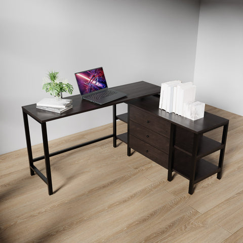 L shaped study table with storage design with drawers & open storage shelve