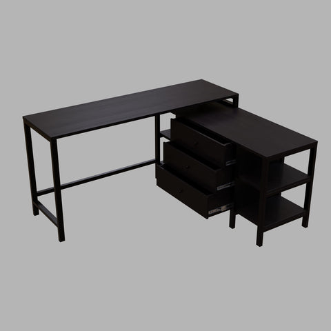 L shaped study table with storage design with drawers & open storage shelve