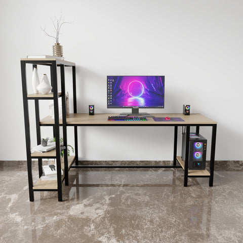 Gaming desk with multiple open shelves have additional space for CPU unit.