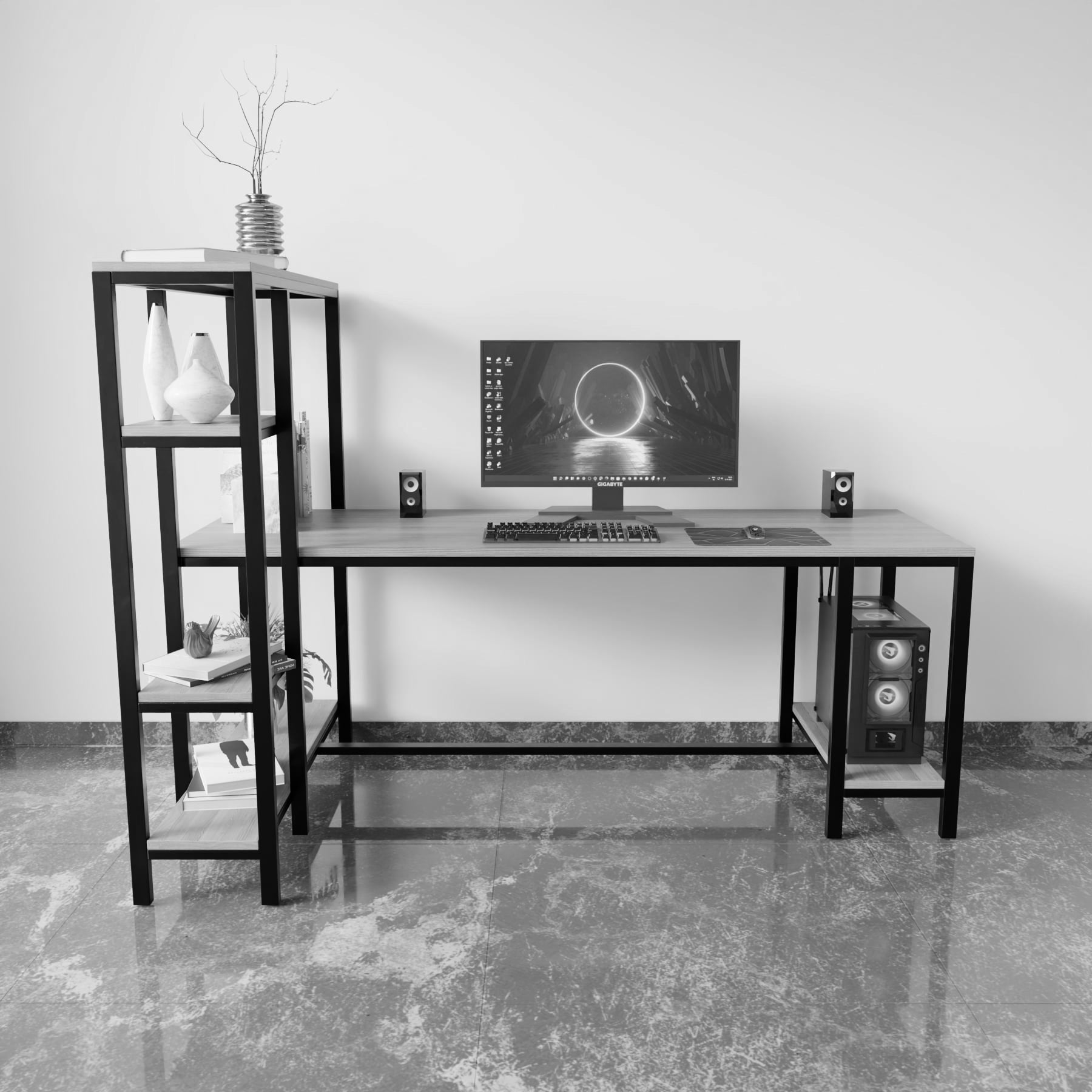 Gaming desk with multiple open shelves have additional space for CPU unit.