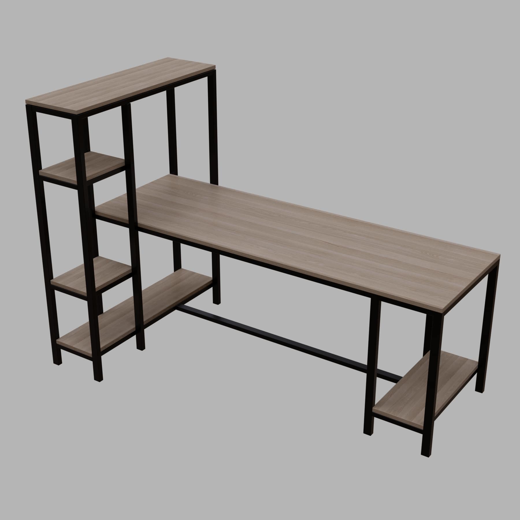 Gaming desk with multiple open shelves have additional space for CPU unit.