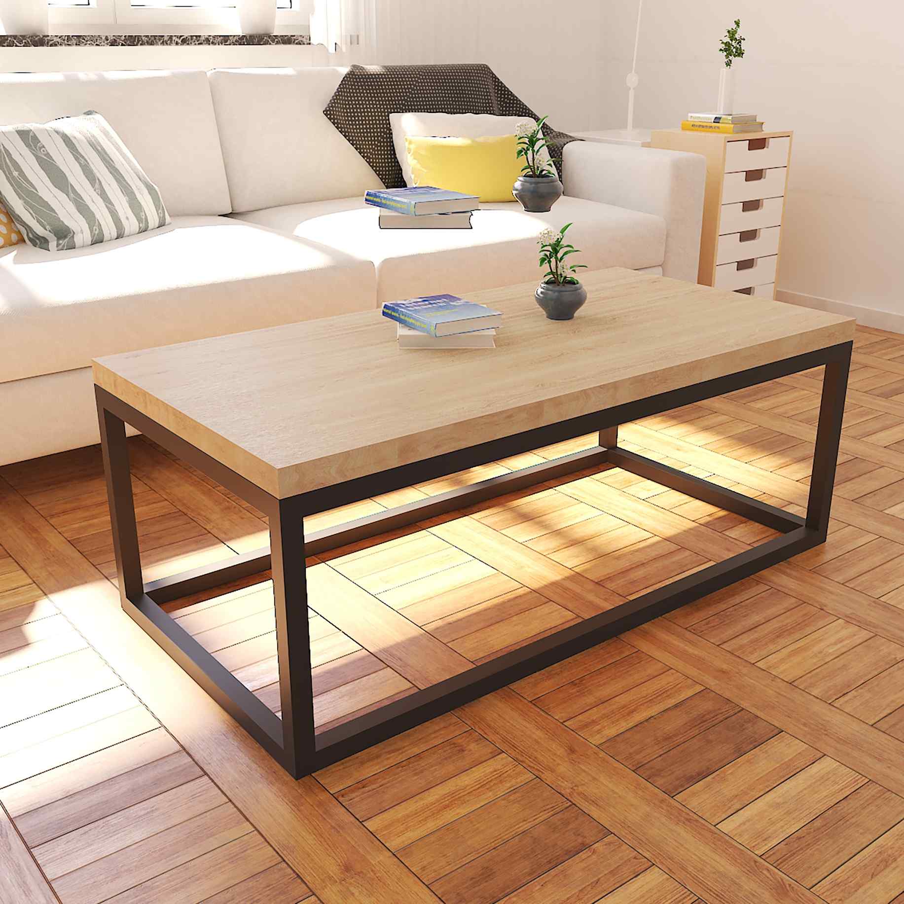 FOLUBAN Rustic Coffee Table,Wood and Metal Industrial Cocktail Table for  Living Room, 47 Inch Oak